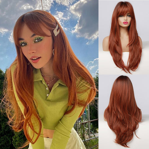 Long Water Wavy Synthetic Wigs with Bangs Natural Wave