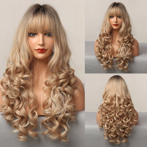 Long Water Wavy Synthetic Wigs with Bangs Natural Wave