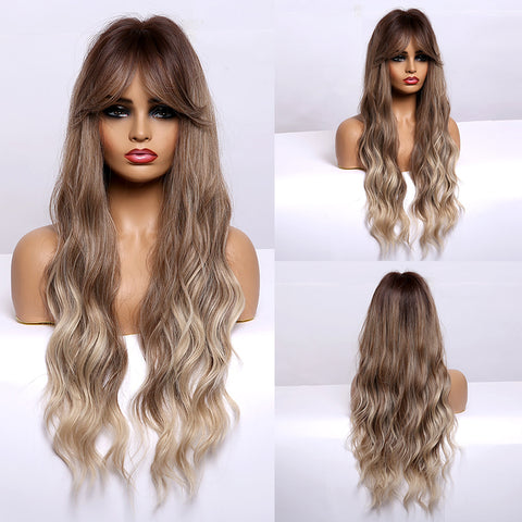 Long Water Wavy Synthetic Wigs with Bangs Natural Wave