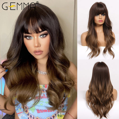 Long Water Wavy Synthetic Wigs with Bangs Natural Wave
