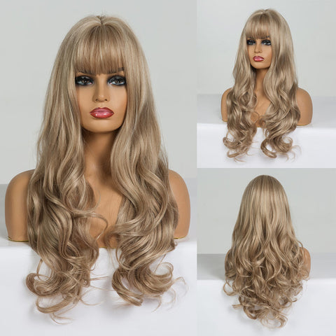 Long Water Wavy Synthetic Wigs with Bangs Natural Wave