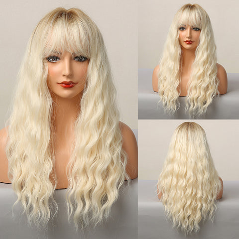 Long Water Wavy Synthetic Wigs with Bangs Natural Wave
