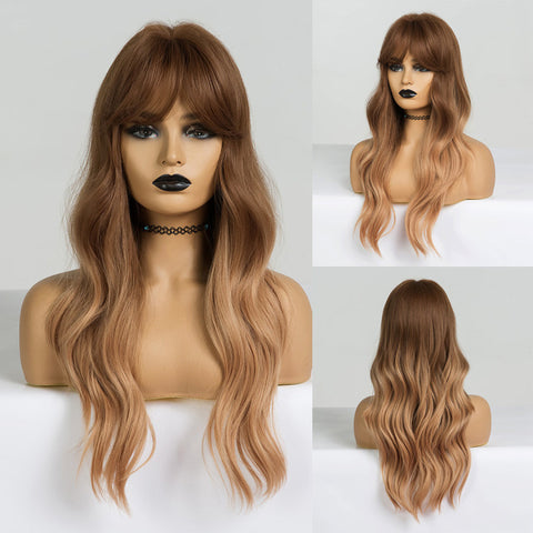 Long Water Wavy Synthetic Wigs with Bangs Natural Wave