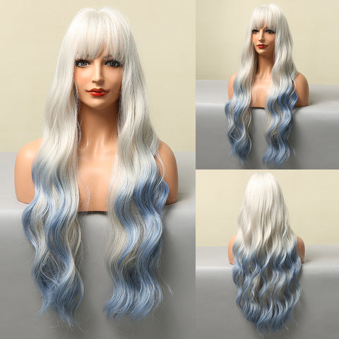 Long Water Wavy Synthetic Wigs with Bangs Natural Wave