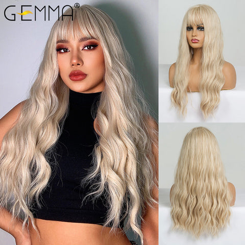 Long Water Wavy Synthetic Wigs with Bangs Natural Wave