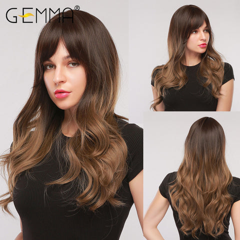 Long Water Wavy Synthetic Wigs with Bangs Natural Wave