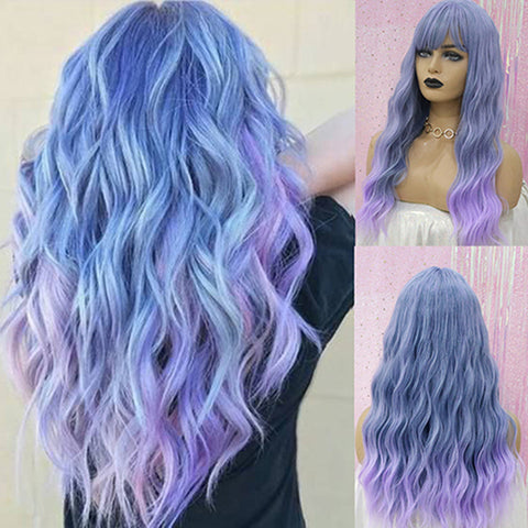 Long Water Wavy Synthetic Wigs with Bangs Natural Wave