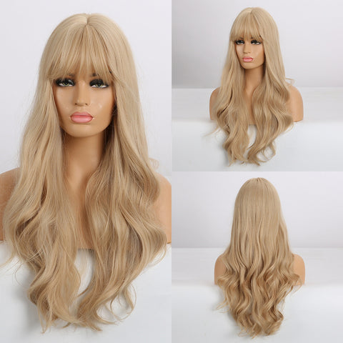Long Water Wavy Synthetic Wigs with Bangs Natural Wave