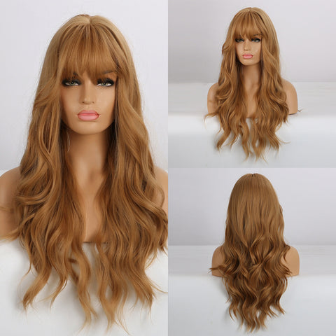 Long Water Wavy Synthetic Wigs with Bangs Natural Wave