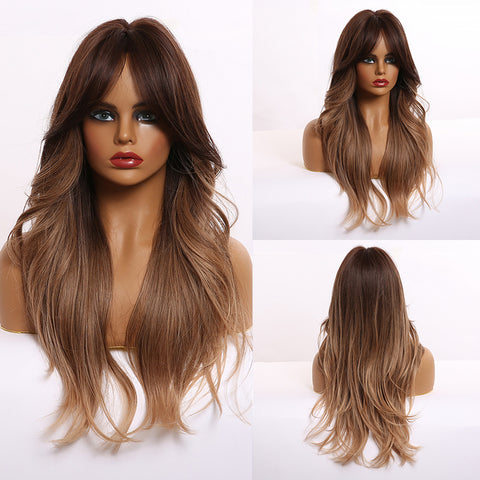 Long Water Wavy Synthetic Wigs with Bangs Natural Wave