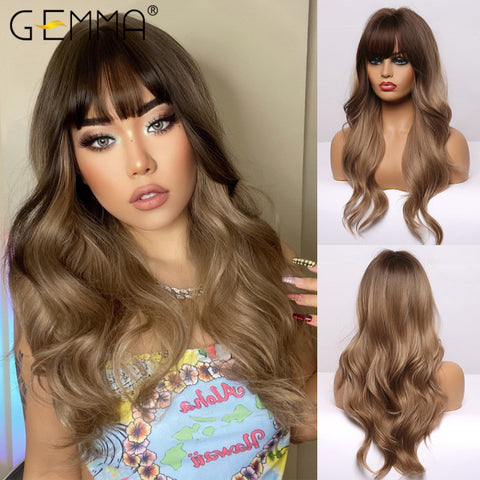 Long Water Wavy Synthetic Wigs with Bangs Natural Wave