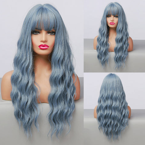 Long Water Wavy Synthetic Wigs with Bangs Natural Wave