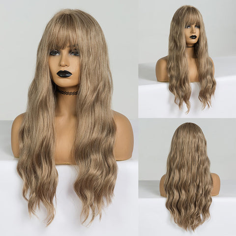 Long Water Wavy Synthetic Wigs with Bangs Natural Wave