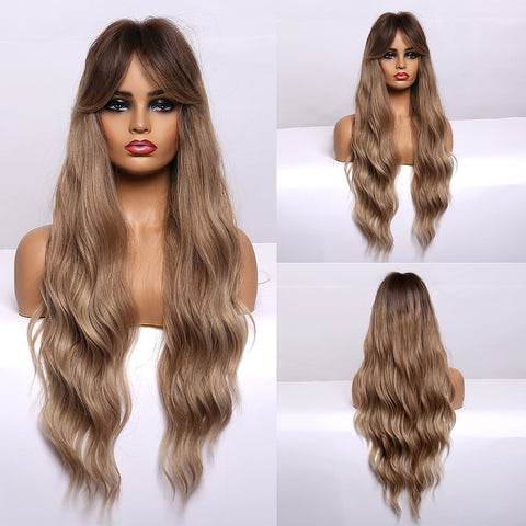 Long Water Wavy Synthetic Wigs with Bangs Natural Wave