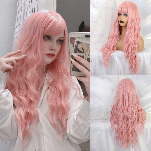 Long Water Wavy Synthetic Wigs with Bangs Natural Wave