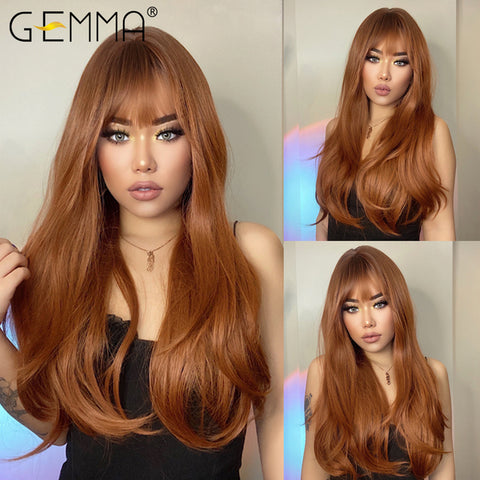 Long Water Wavy Synthetic Wigs with Bangs Natural Wave
