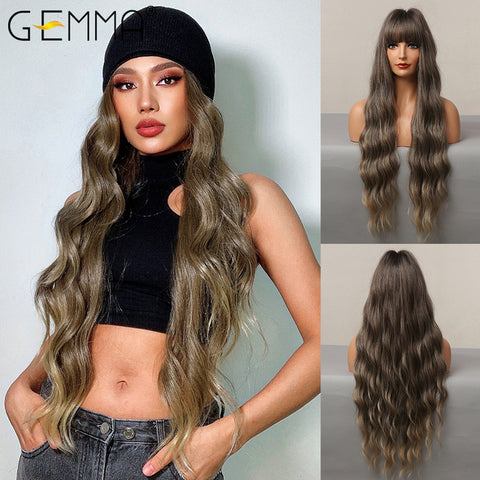 Long Water Wavy Synthetic Wigs with Bangs Natural Wave