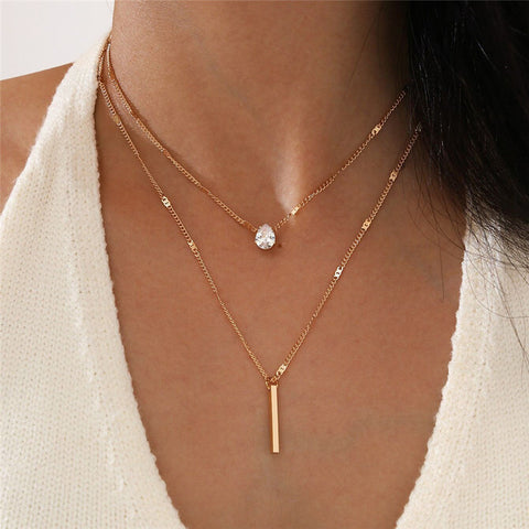Simple Crystal Geometric Gold Pendant Necklace Set for Women