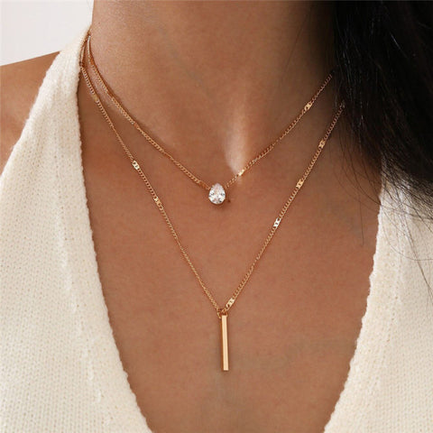 Simple Crystal Geometric Gold Pendant Necklace Set for Women