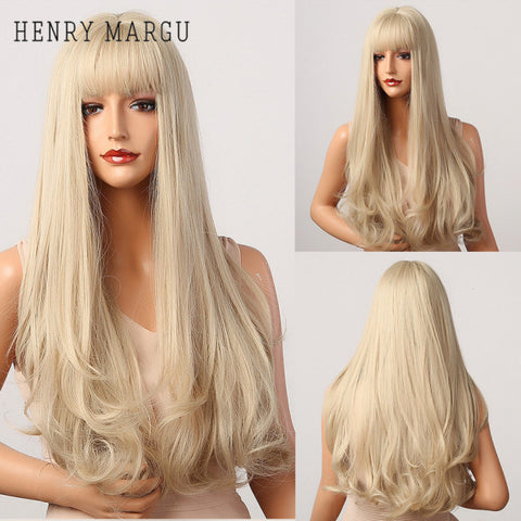 Long Natural Wavy Platinum Blonde Wigs with Bangs Cosplay