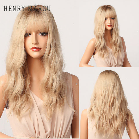 Long Natural Wavy Platinum Blonde Wigs with Bangs Cosplay