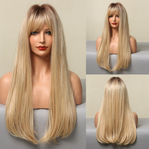 Long Natural Wavy Platinum Blonde Wigs with Bangs Cosplay