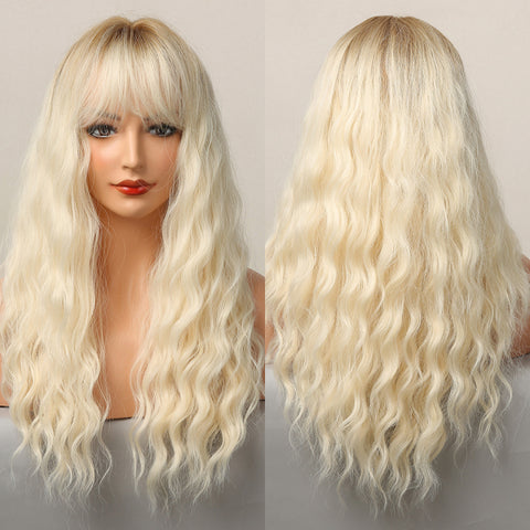 Long Natural Wavy Platinum Blonde Wigs with Bangs Cosplay