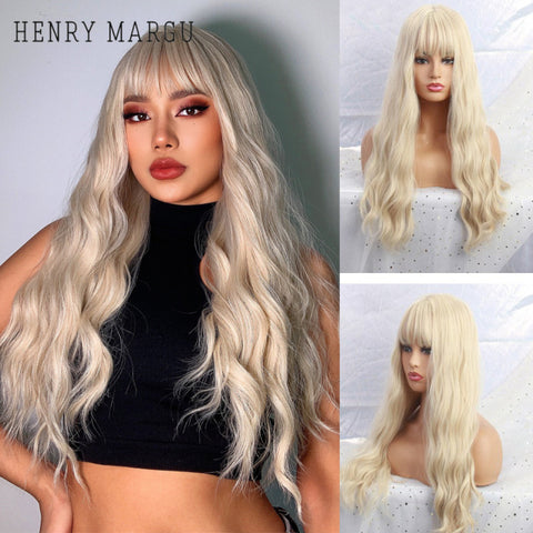 Long Natural Wavy Platinum Blonde Wigs with Bangs Cosplay