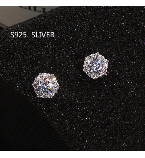 Sterling Silver Color Simple Round Bling CZ Zircon Stone Stud Earrings Fashion Jewelry