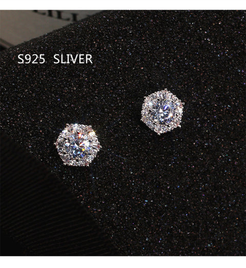 Sterling Silver Color Simple Round Bling CZ Zircon Stone Stud Earrings Fashion Jewelry