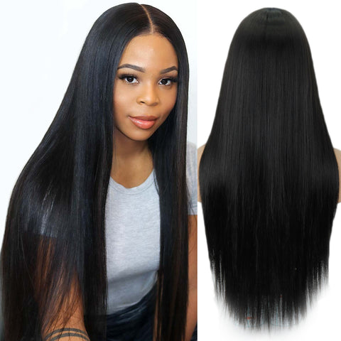Linghang Long Straight Synthetic Black Mixed Brown and Blonde Long Wig