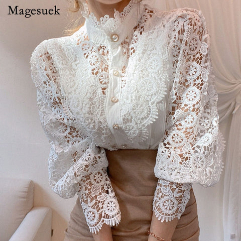 Petal Sleeve Stand Collar Hollow Out Flower Lace Patchwork Shirt Lace Blouse