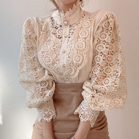 Petal Sleeve Stand Collar Hollow Out Flower Lace Patchwork Shirt Lace Blouse