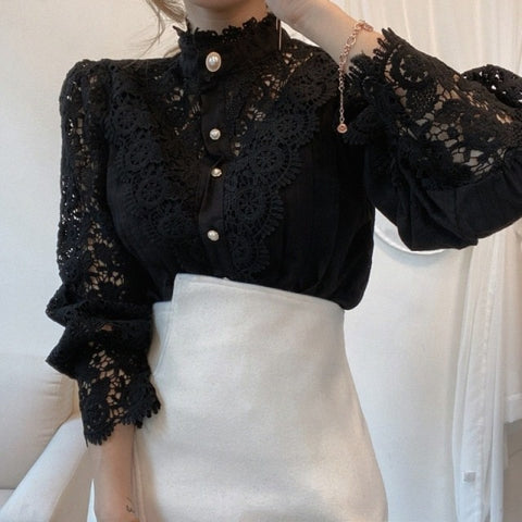 Petal Sleeve Stand Collar Hollow Out Flower Lace Patchwork Shirt Lace Blouse