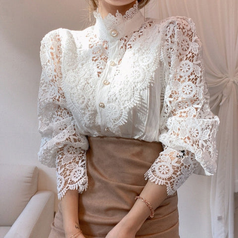Petal Sleeve Stand Collar Hollow Out Flower Lace Patchwork Shirt Lace Blouse