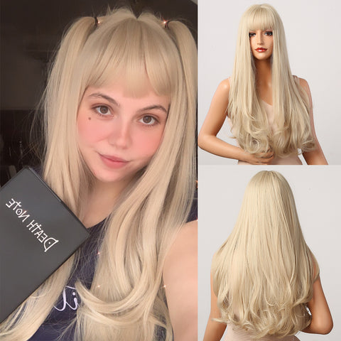Long Natural Wavy Platinum Blonde Wigs with Bangs Cosplay