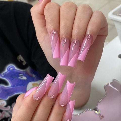 Pink Long French False Nails Decoration Inpluser