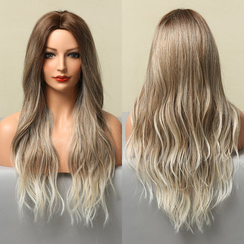 Long Wavy Ombre Brown Purple Synthetic Wigs for Women