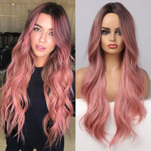Long Wavy Ombre Brown Purple Synthetic Wigs for Women