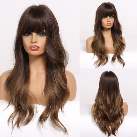 Long Wavy Ombre Brown Purple Synthetic Wigs for Women