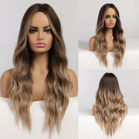 Long Wavy Ombre Brown Purple Synthetic Wigs for Women