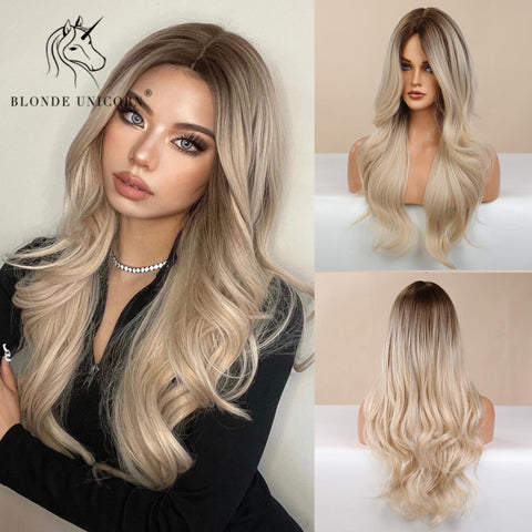 Synthetic Ombre Blonde Brown Long Wigs Middle Part Hair