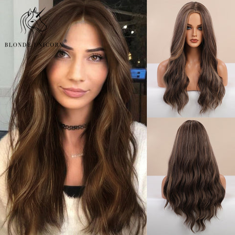 Synthetic Ombre Blonde Brown Long Wigs Middle Part Hair