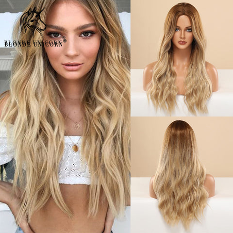 Synthetic Ombre Blonde Brown Long Wigs Middle Part Hair