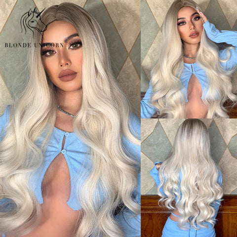 Synthetic Ombre Blonde Brown Long Wigs Middle Part Hair