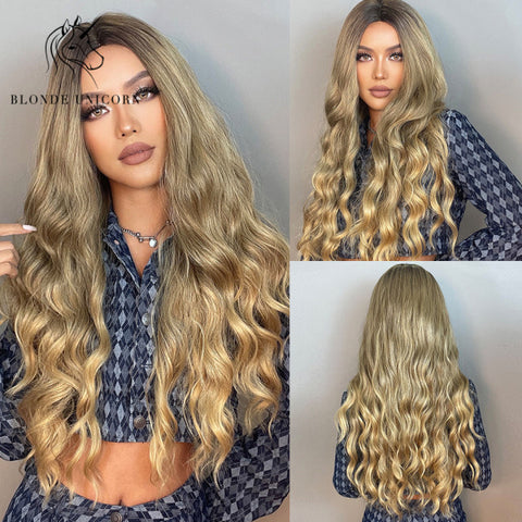 Synthetic Ombre Blonde Brown Long Wigs Middle Part Hair