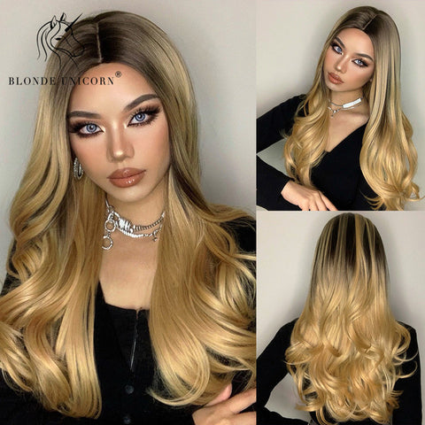 Synthetic Ombre Blonde Brown Long Wigs Middle Part Hair