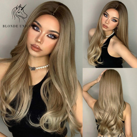 Synthetic Ombre Blonde Brown Long Wigs Middle Part Hair
