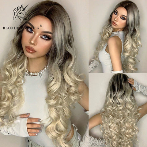 Synthetic Ombre Blonde Brown Long Wigs Middle Part Hair
