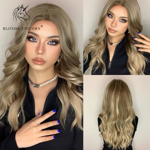 Synthetic Ombre Blonde Brown Long Wigs Middle Part Hair